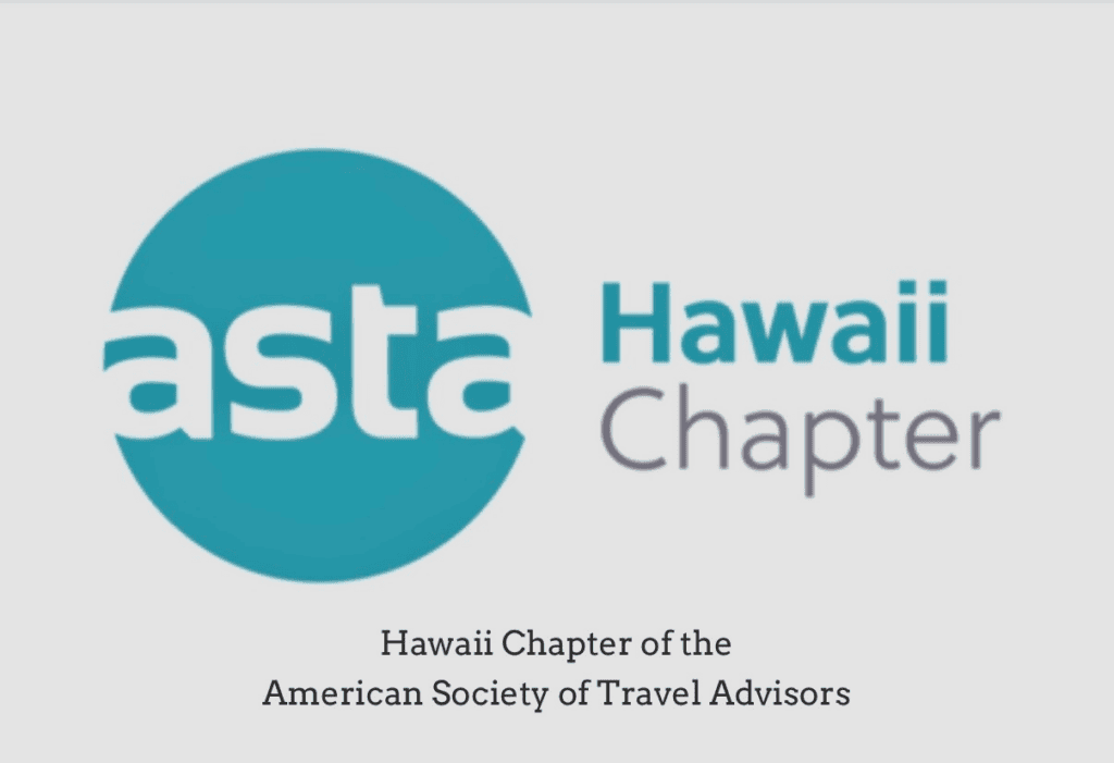 ASTA Hawaii Chapter logo: teal circle with the text 'asta' and 'Hawaii Chapter' beside it; full name below reads 'Hawaii Chapter of the American Society of Travel Advisors'.