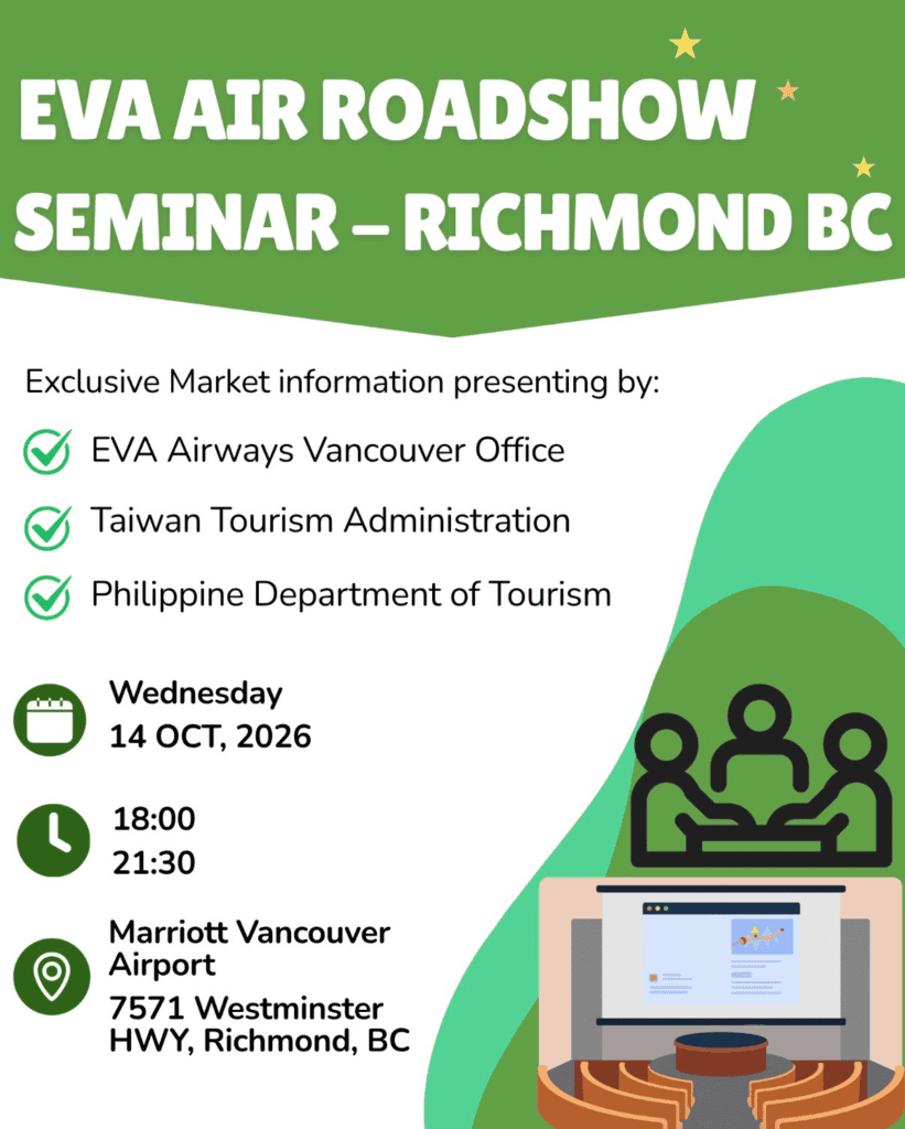Poster for EVA Air Roadshow seminar in Richmond, BC; lists organizers and date October 14, 2026, 18:00–21:30 at Marriott Vancouver Airport.