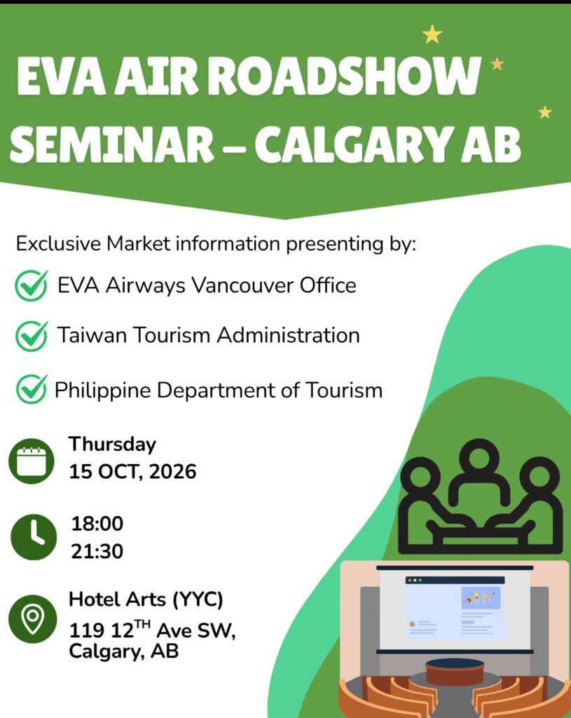 Event poster for EVA Air Roadshow Seminar in Calgary AB, listing sponsors and schedule details (date, time, venue).