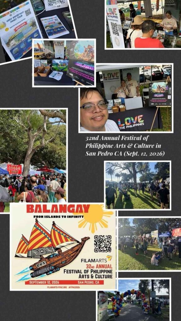 Collage of festival photos around a dark background featuring banners and a poster for the 32nd Annual Festival of Philippine Arts & Culture in San Pedro, CA (Sept. 12, 2026).