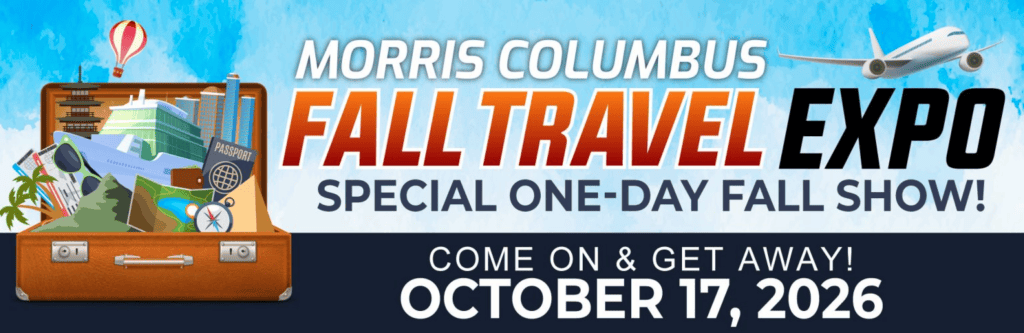 Banner for Morris Columbus Fall Travel Expo featuring a packed open suitcase with travel gear and a flying plane, promoting a special one-day fall show on October 17, 2026