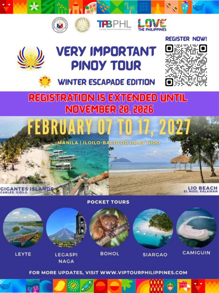 Promotional poster for VIP Tour Philippines: 'Very Important Pinoy Tour' Winter Escape Edition with QR code, event logos, and a large purple 'Registration is extended' banner; features beach photos (Gigantes Islands, Lio Beach) and colorful top/bottom decorative borders.
